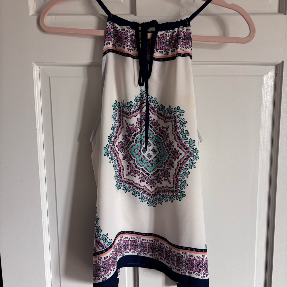 Women’s Halter Tank Top with Pink & Teal Medallion Print Size M